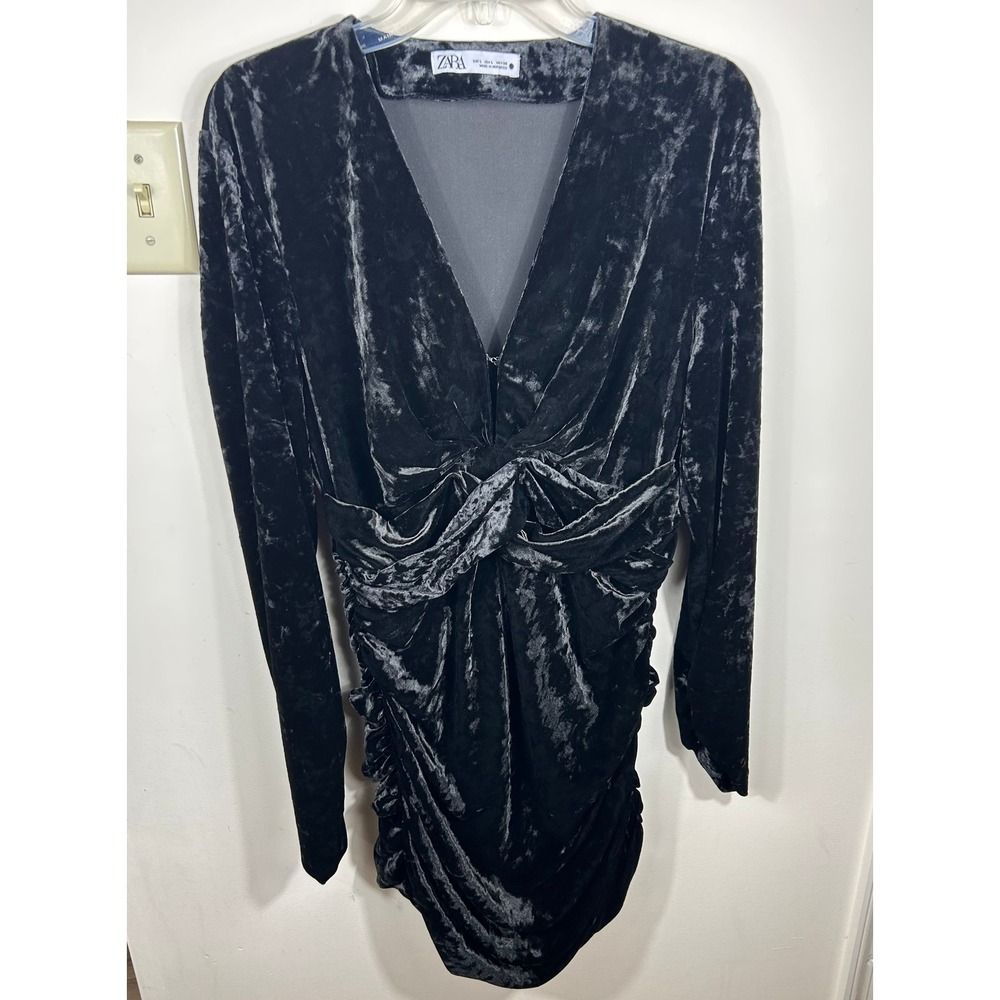 ZARA Black Velvet Mini Dress L Ruched Plunge Neck Whimisigoth Fairy Grunge Party